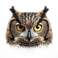 An owl with big yellow eyes staring at the camera with a white background