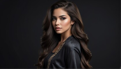 beautiful hispanic female fashion model with flowing long hair close-up portrait posing on plain black background from Generative AI