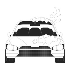Washing car with foam black and white 2D line cartoon object. Soap bubbles on vehicle. Auto cleaning service isolated vector outline item. Automobile care shop monochromatic flat spot illustration