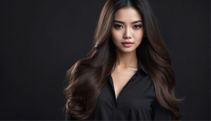 Fototapeta premium beautiful indonesian female fashion model with flowing long hair close-up portrait posing on plain black background from Generative AI