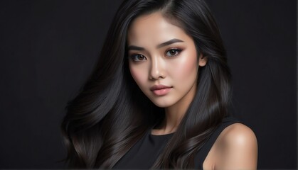 beautiful indonesian female fashion model with flowing long hair close-up portrait posing on plain black background from Generative AI