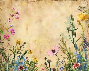 The watercolor border of wildflowers on old paper enhances a business template, blending nature with professionalism, Watercolor Blank frame template Sharpen with large copy space