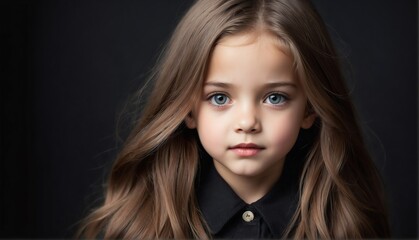 Fototapeta premium beautiful kid female fashion model with flowing long hair close-up portrait posing on plain black background from Generative AI