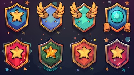 A cartoon set of game rank badges isolated on a dark background. Modern illustration of shiny golden pentagonal medals decorated with stars and wings. Symbol of achievement, achievement award, trophy