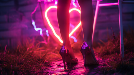 Close-up of elegant high heels against a vibrant neon heart backdrop