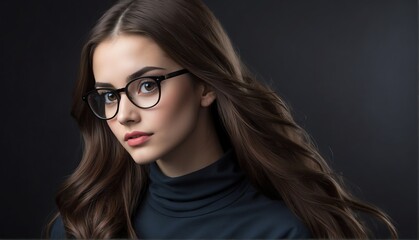 Fototapeta premium beautiful nerd female fashion model with flowing long hair close-up portrait posing on plain black background from Generative AI