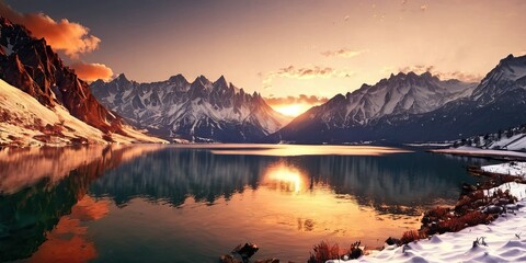Fototapeta premium Snow covered mountains beside the lake at sunset
