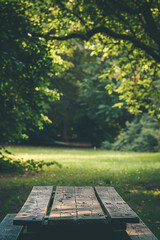 wooden table Close up with blurry trees generated.AI