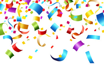 Celebration background with colorful confetti and ribbons. Vector illustration.