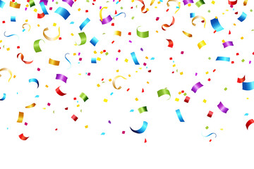 Celebration background with colorful confetti and ribbons.