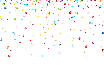 Celebration background with colorful confetti and ribbons.