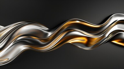 Single Gold and silver metallic abstract flowing liquid 3d wave stripe on black background