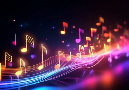 colorful music notes in neon light style with dark background