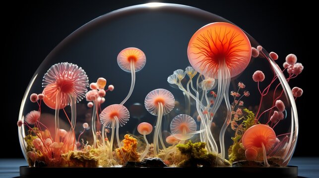 A stunning 3D rendering of fungi in a biosphere