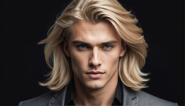 handsome blonde male fashion model with flowing long hair close-up portrait posing on plain black background from Generative AI - Powered by Adobe