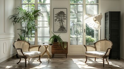Fototapeta premium In a living room with windows, there are two chairs and a table, floor lamp, a cabinet. Generative AI.
