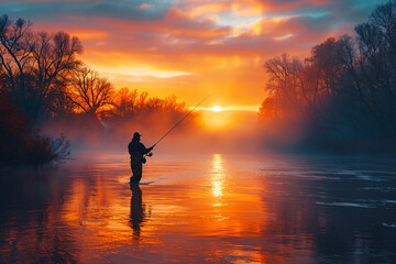 A man standing in a river flyfishing at dawn