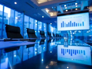 A boardroom meeting with executives discussing strategies. A projector displays analytics dashboards
