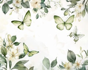 This botanical template features green butterflies dancing amid delicate white florals