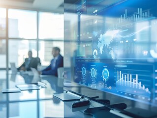 A boardroom meeting with executives discussing strategies. A projector displays analytics dashboards