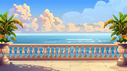 Indian palace balcony ocean landscape in the morning with sea and clouds in background. Balustrades on ancient patio with green plants. Design of baroque lounge in summer.