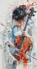 jeun fille au violon dessin &agrave; l'aquarelle