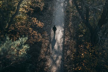 A person walks alone on a forest path with sunlight filtering through the trees