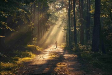 A person walking along a dirt road in the middle of a forest, with sunlight filtering through the trees