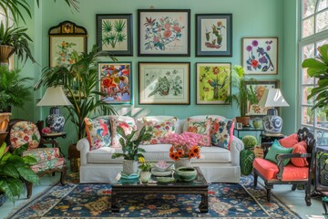 A spring living room composition featuring an array of furniture and numerous potted plants creating a stylish and lush atmosphere