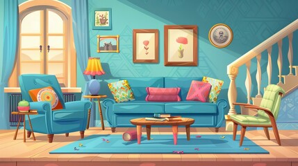 Illustration of an apartment with furniture and decor, including a sofa and pillows, armchairs, a wooden table, pictures on the wall, a staircase and a window, carpet on the floor, and a staircase.
