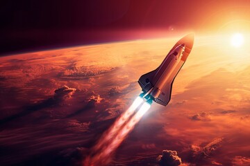 An artists rendering of a space shuttle ascending into space with a backdrop of a colorful sunrise