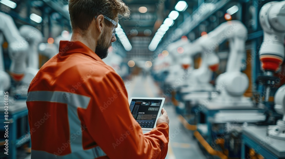 Poster production shop floor manager holding a tablet overseeing the modern robot arms. generative ai.