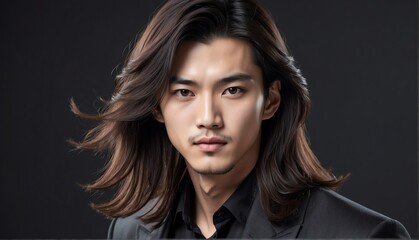 Fototapeta premium handsome korean male fashion model with flowing long hair close-up portrait posing on plain black background from Generative AI