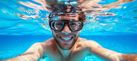 Naklejka premium Underwater discovery young man swimming in crystal clear blue ocean, exploring the serene depths