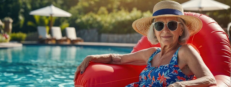 Ederly gray haired woman in summer dress sunglasses and straw hat relaxing on red inflatable ring mattress while swimming in pool during vacation