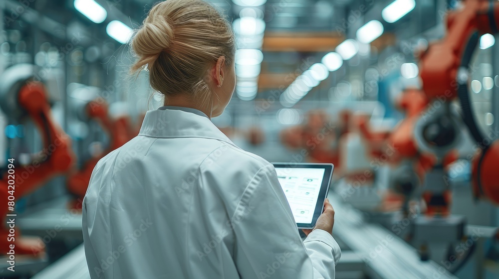 Poster production shop floor manager holding a tablet overseeing the modern robot arms. generative ai.