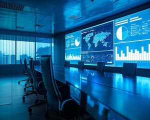 A conference room with a projector displaying analytics dashboards. Executives discuss strategies