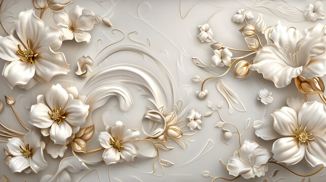 3d luxury floral white flower leaves and golden wall wallpaper.interior wall home decorative background.generative ai