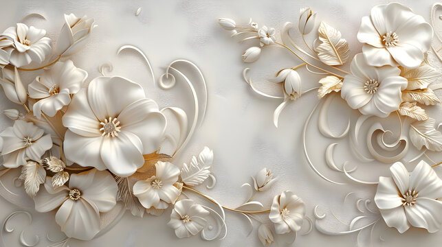 3d luxury floral white flower leaves and golden wall wallpaper.interior wall home decorative background.generative ai