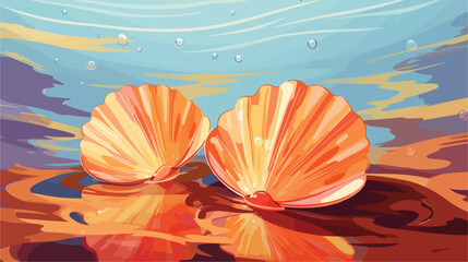 Beautiful seashells in water on color background 2d