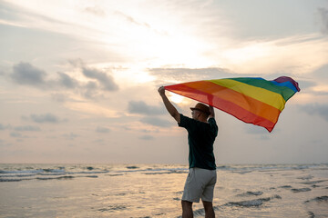 Young asian man with pride movement LGBT holding rainbow flag raise up for freedom. Demonstrate...
