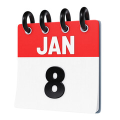 January 8 date displayed on stylized three-dimensional flip calendar icon isolated on transparent background. 3D rendering