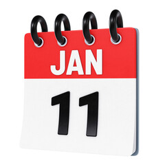 January 11 date displayed on stylized three-dimensional flip calendar icon isolated on transparent background. 3D rendering