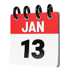 January 13 date displayed on stylized three-dimensional flip calendar icon isolated on transparent background. 3D rendering