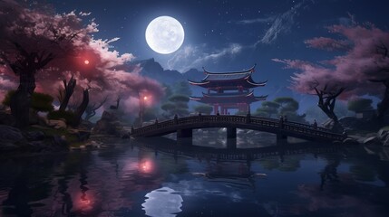A Serene Asian Landscape Under the Full Moon. Generative AI