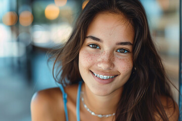 A brunette teenage girl wearing braces and smiling