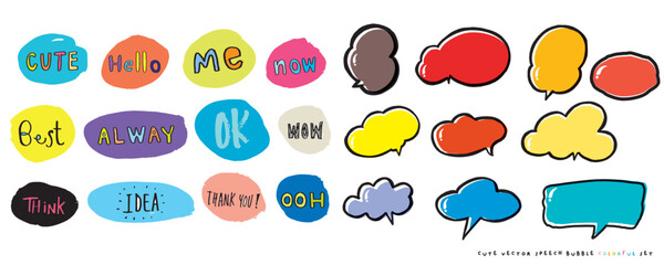 Cute vector speech bubble colorful set,Hand drawn set of speech bubbles with handwritten for book ,card, business, poster design. Vector illustration design for fashion fabrics, textile graphics