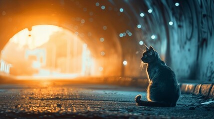 Futuristic tunnel setting with black cat and yellow eyes, copy space on blurred background