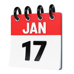 January 17 date displayed on stylized three-dimensional flip calendar icon isolated on transparent background. 3D rendering
