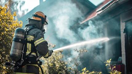Fototapeta premium Firefighter in gear spraying water on a house fire with smoke, depicting emergency response and bravery.